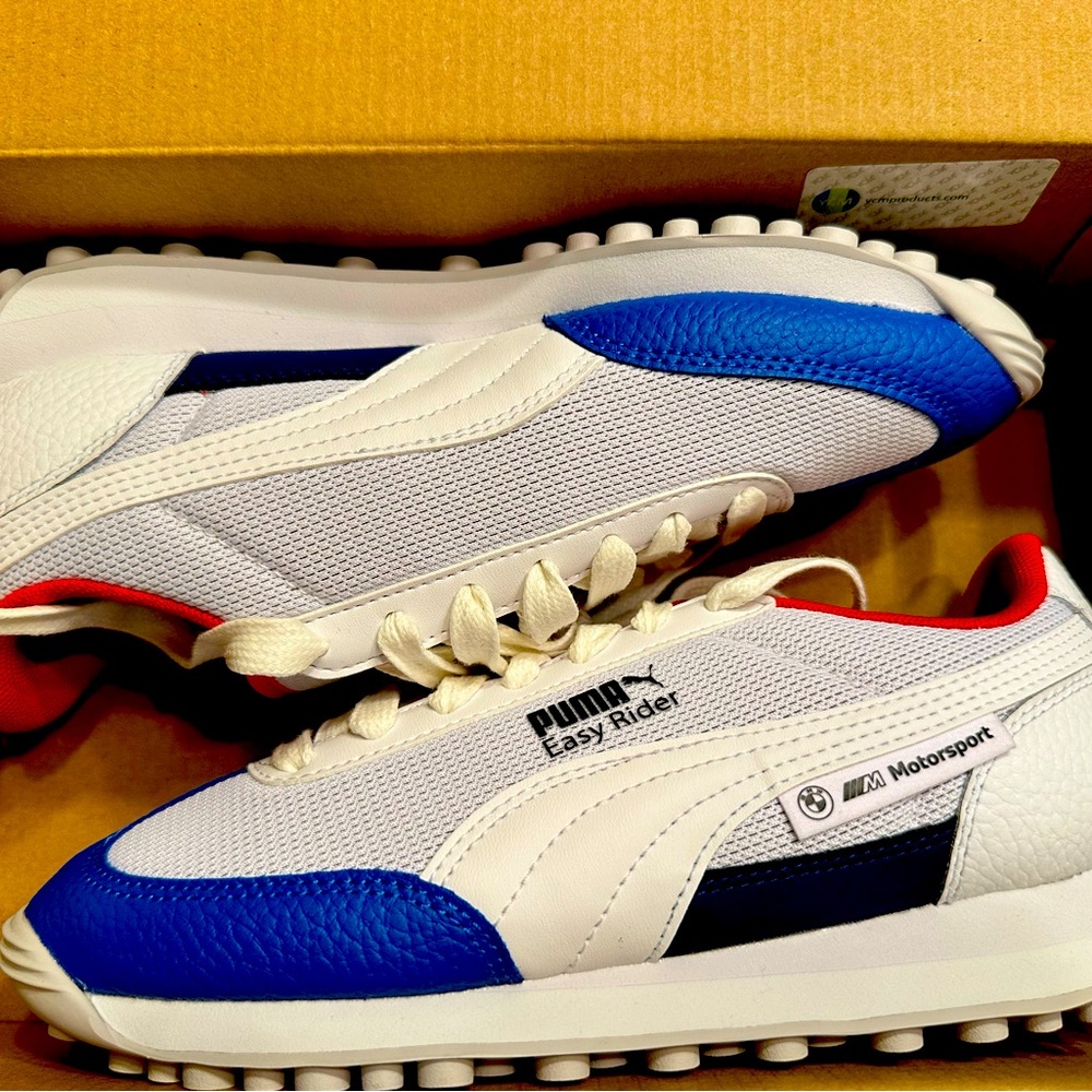 Puma White and Blue Retro Sneakers